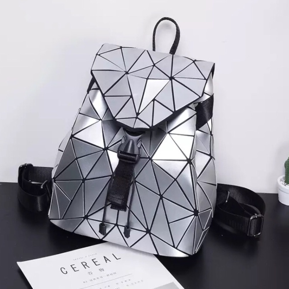 Silver Geometric Tile Backpack Buckle Drawstring Closure